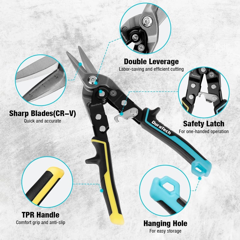 DURATECH 3PCS Aviation Snips Set | 10 Inch Left Straight Right Cut Tin Snips for Cutting Metal Sheet | CR-V Steel Heavy Duty Tin Snips with Visible Cutting Length - Image 2